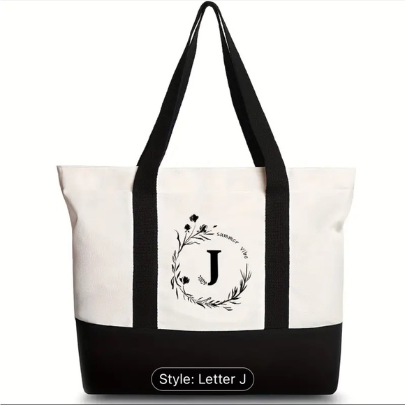 Large Canvas Tote Bag Initial Letter J , White & Black New - Picture 5 of 5